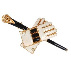 VTG Signed Bentlee Vintage Brooch, Enamel Fancy Gloves & Cane, Black and White